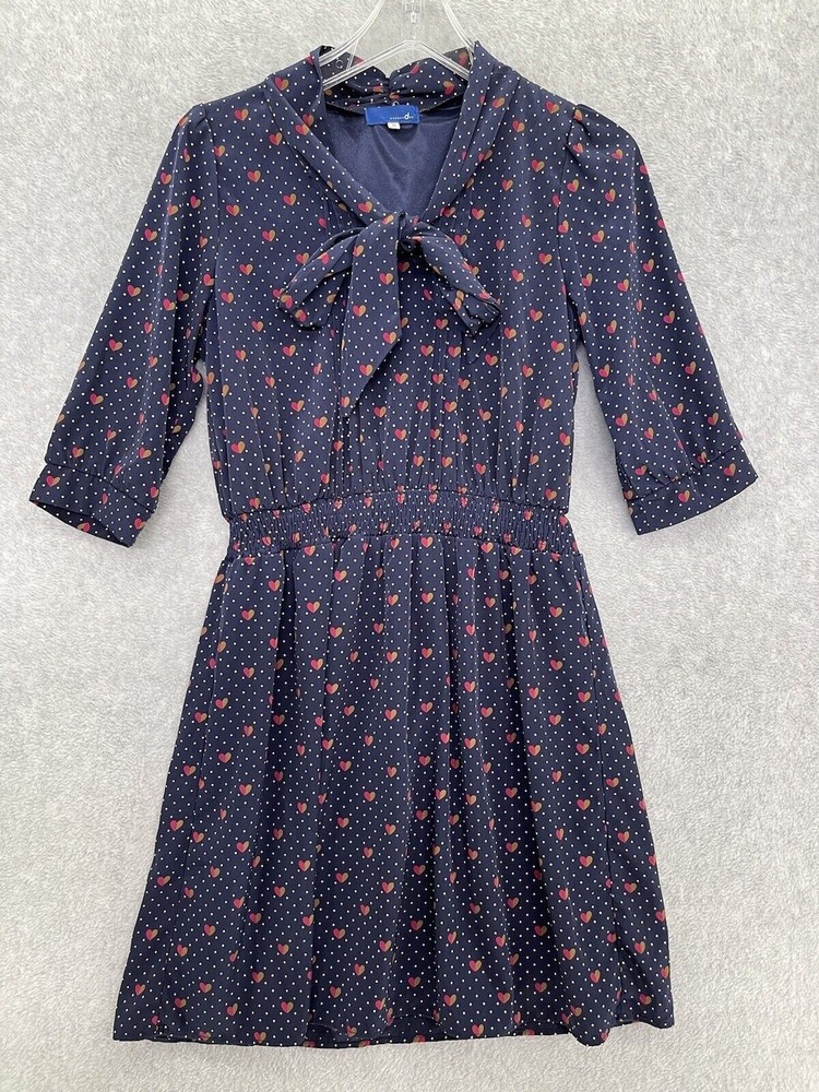 Unbranded Dotted Heart Blue White Size Small Vintage Dress Front Bow MCM